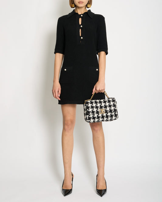 Chanel 23P Black Terry Fabric Short Sleeve Dress with Pearl CC Buttons Detail Size FR 34 (UK 6) RRP ¬£3000