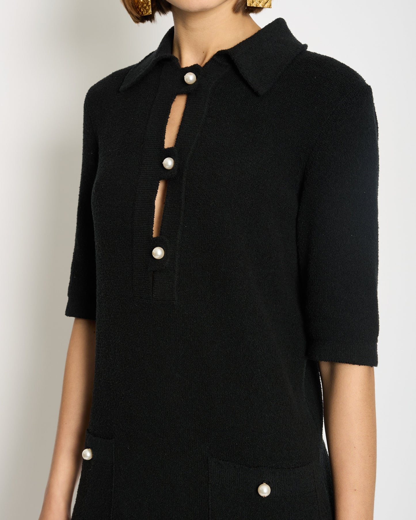 Chanel 23P Black Terry Fabric Short Sleeve Dress with Pearl CC Buttons Detail Size FR 34 (UK 6) RRP ¬£3000