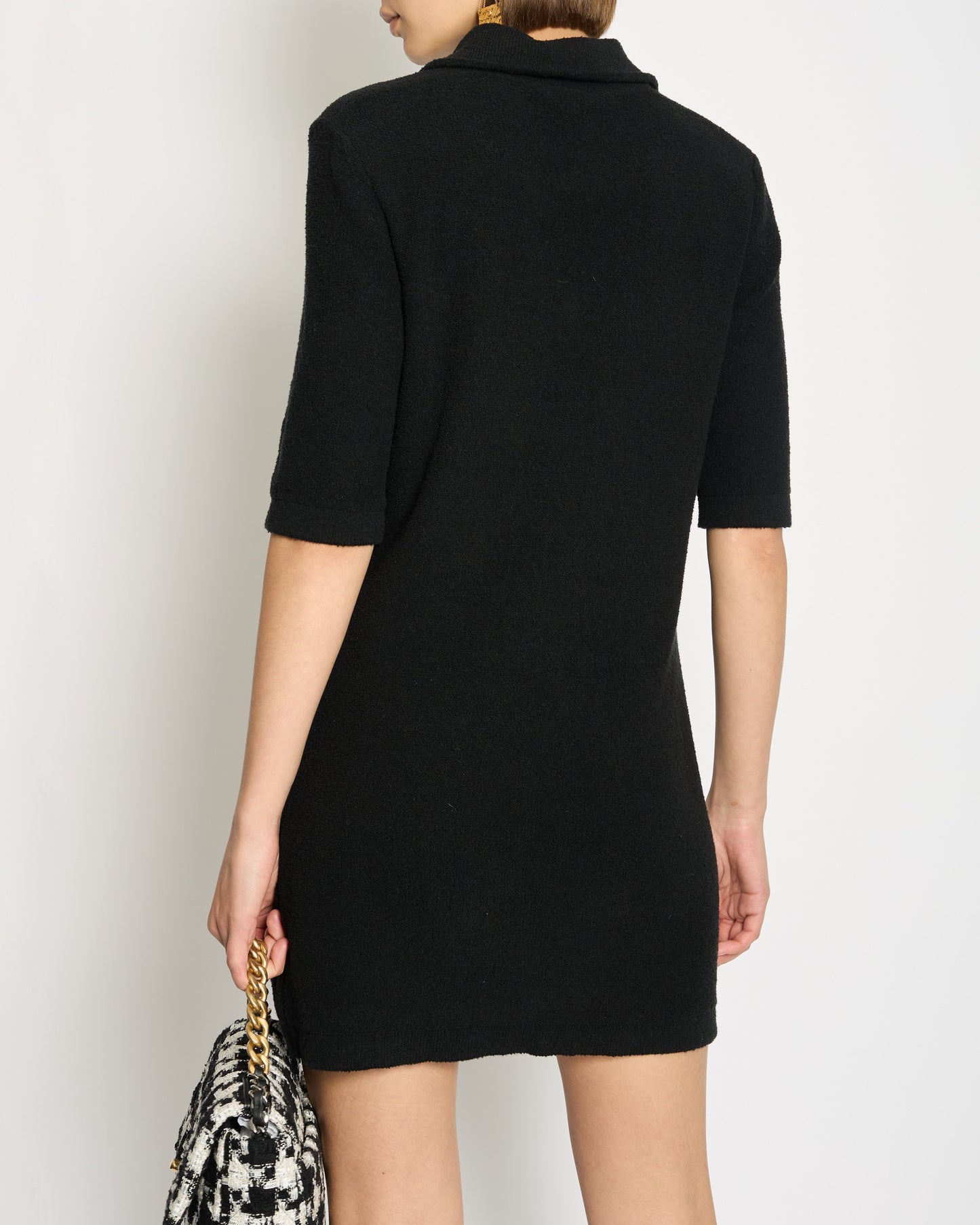 Chanel 23P Black Terry Fabric Short Sleeve Dress with Pearl CC Buttons Detail Size FR 34 (UK 6) RRP ¬£3000