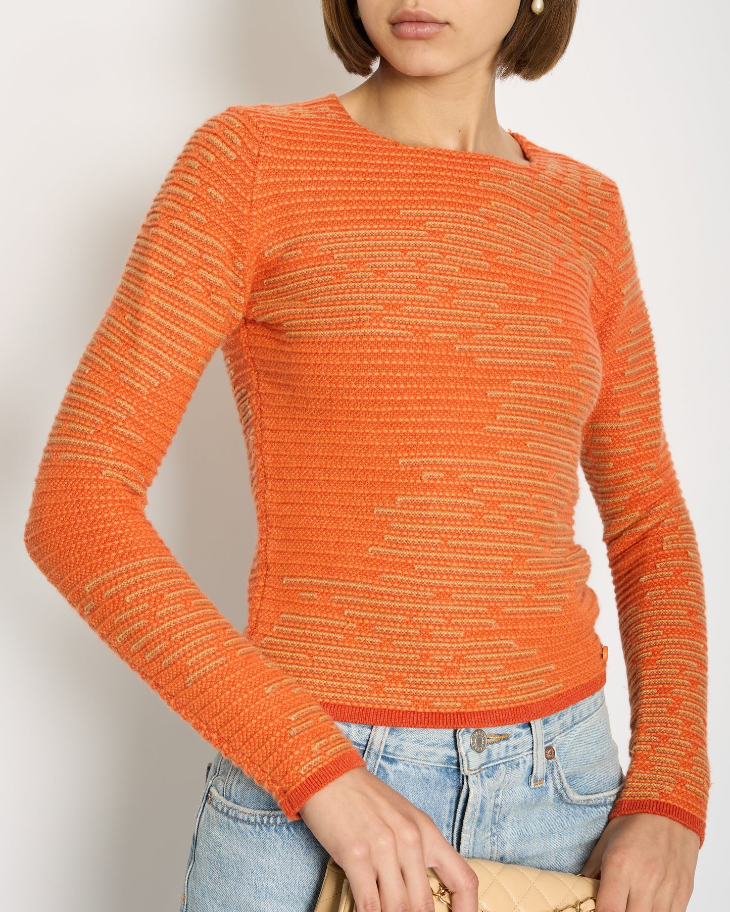 Chanel 14K Carrot Orange Cashmere Jacquard Jumper with CC Detail Size FR 34 (UK 6) RRP ¬£1960