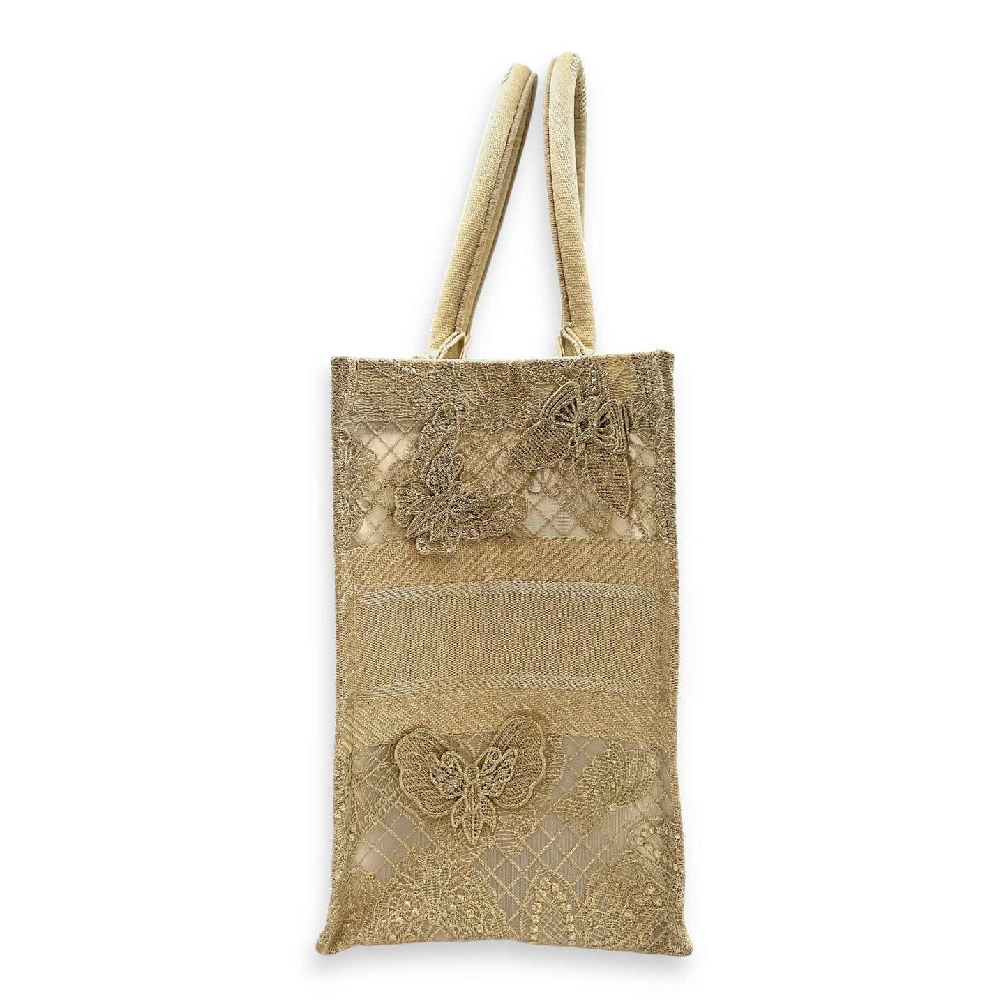 Book Tote - Butterfly Embroidery Medium Gold Top Handle Bag in Lace, Embroidered Mesh