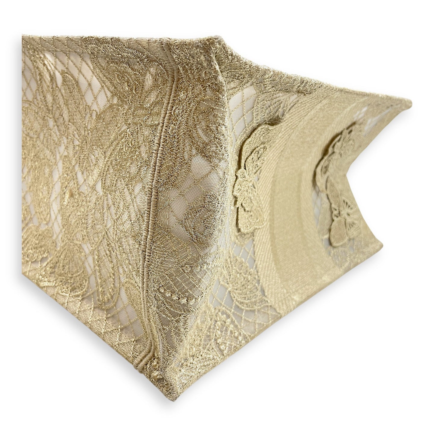 Book Tote - Butterfly Embroidery Medium Gold Top Handle Bag in Lace, Embroidered Mesh