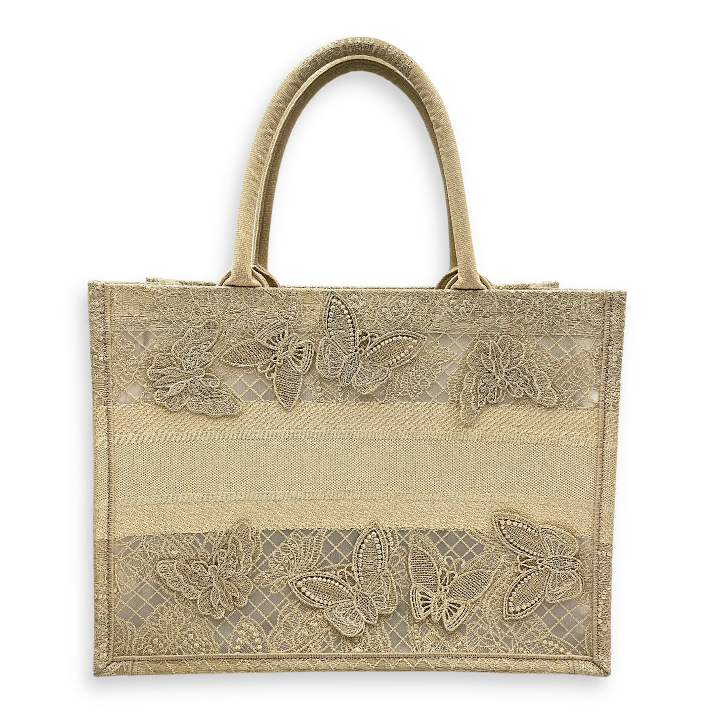 Book Tote - Butterfly Embroidery Medium Gold Top Handle Bag in Lace, Embroidered Mesh