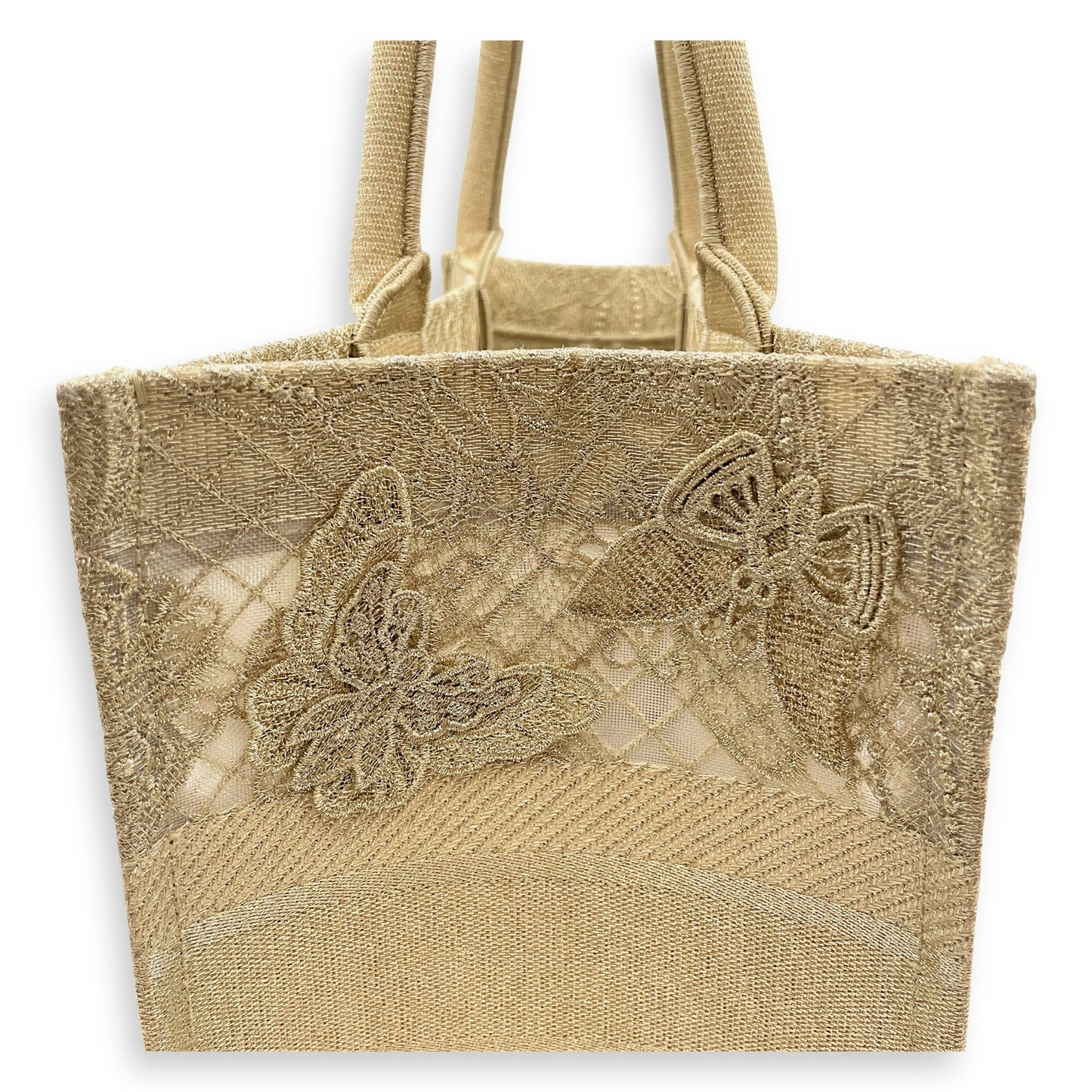 Book Tote - Butterfly Embroidery Medium Gold Top Handle Bag in Lace, Embroidered Mesh