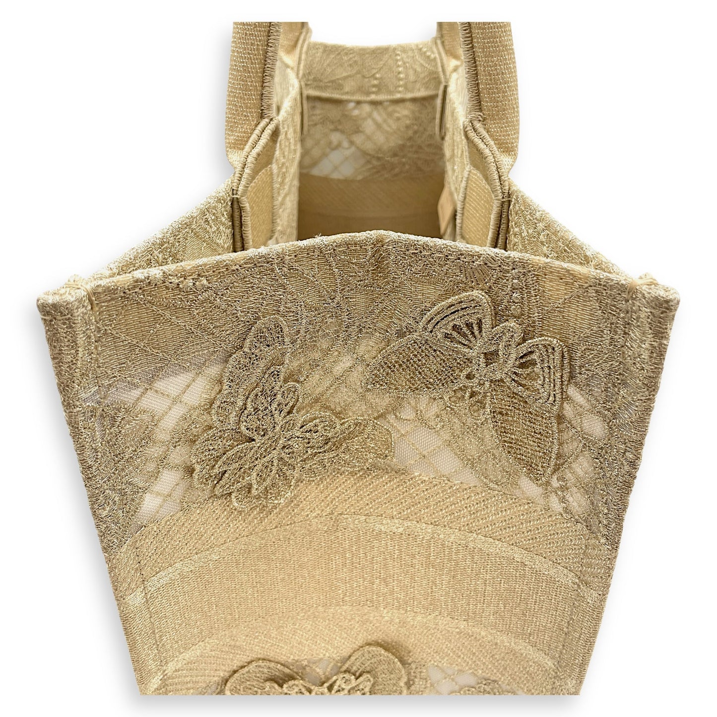 Book Tote - Butterfly Embroidery Medium Gold Top Handle Bag in Lace, Embroidered Mesh