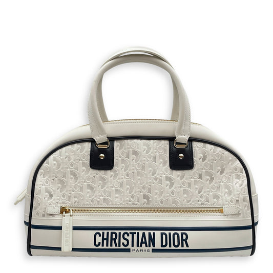Vibe Zip Perforated White/Blue Shoulder Bag in Calfskin, Gold hardware