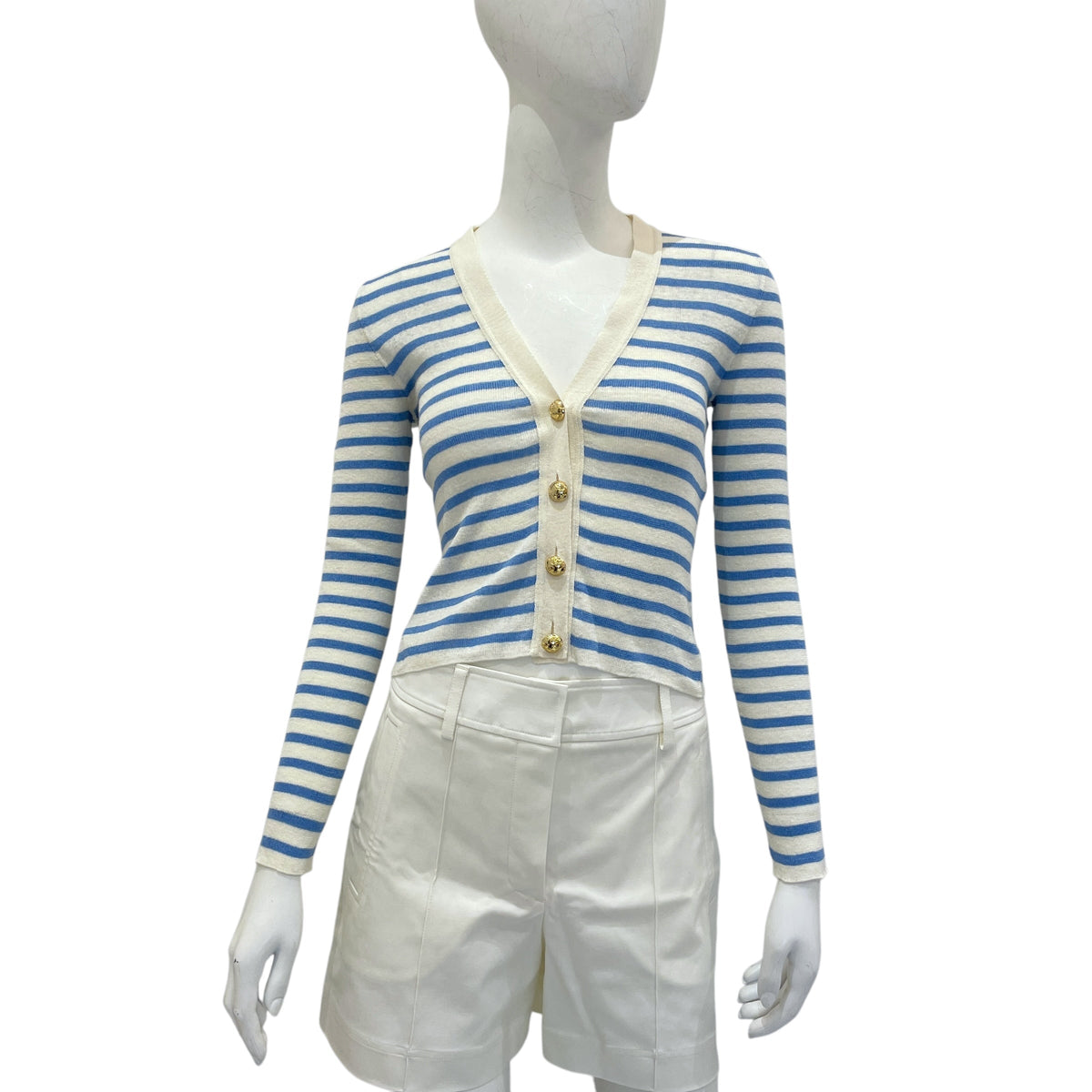 Striped Knit 34 Bleu/Ecru Long-Sleeved Cardigan in Cashmere, Linen, Silk, Gold hardware