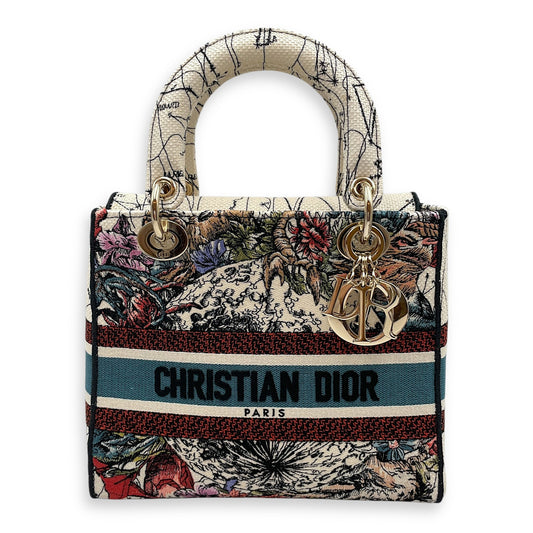 Lady Dior D Lite Medium White Top Handle Bag in Canvas, Gold hardware