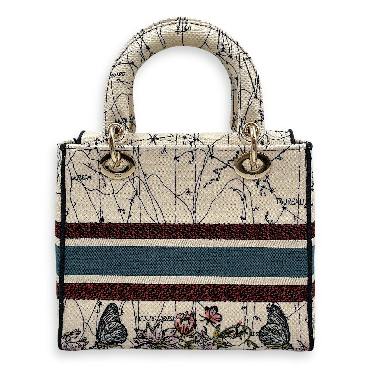 Lady Dior D Lite Medium White Top Handle Bag in Canvas, Gold hardware