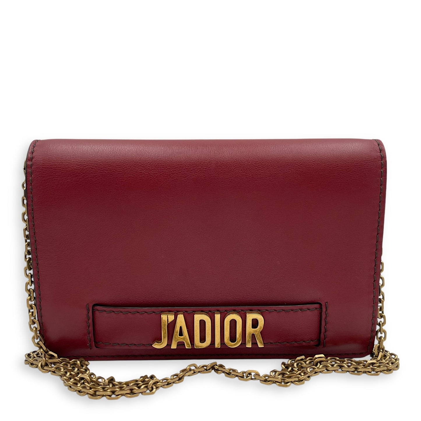 J'Adoir Red Wallet On Chain in Calfskin, Brushed Gold hardware