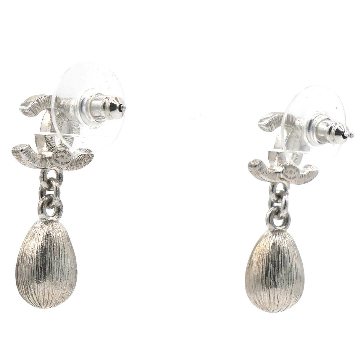 Chanel Silver Metal and Crystal CC Teardrop Earrings