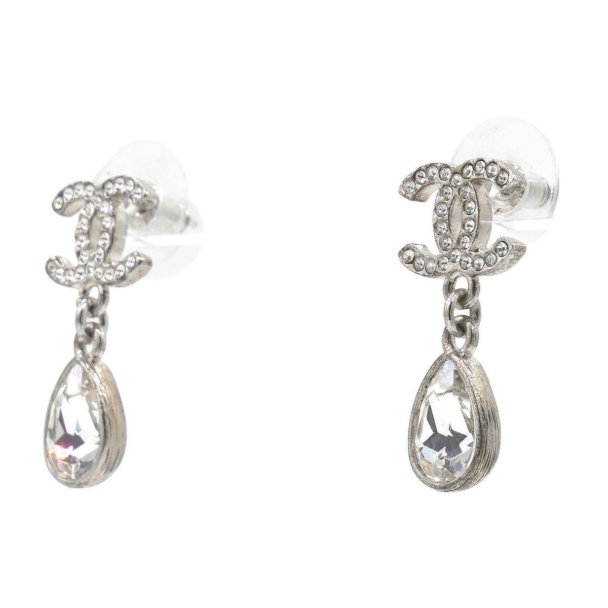 Chanel Silver Metal and Crystal CC Teardrop Earrings