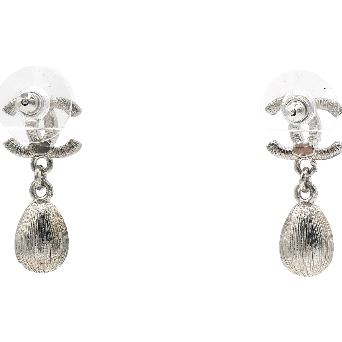 Chanel Silver Metal and Crystal CC Teardrop Earrings
