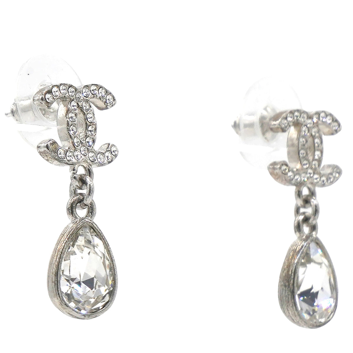 Chanel Silver Metal and Crystal CC Teardrop Earrings