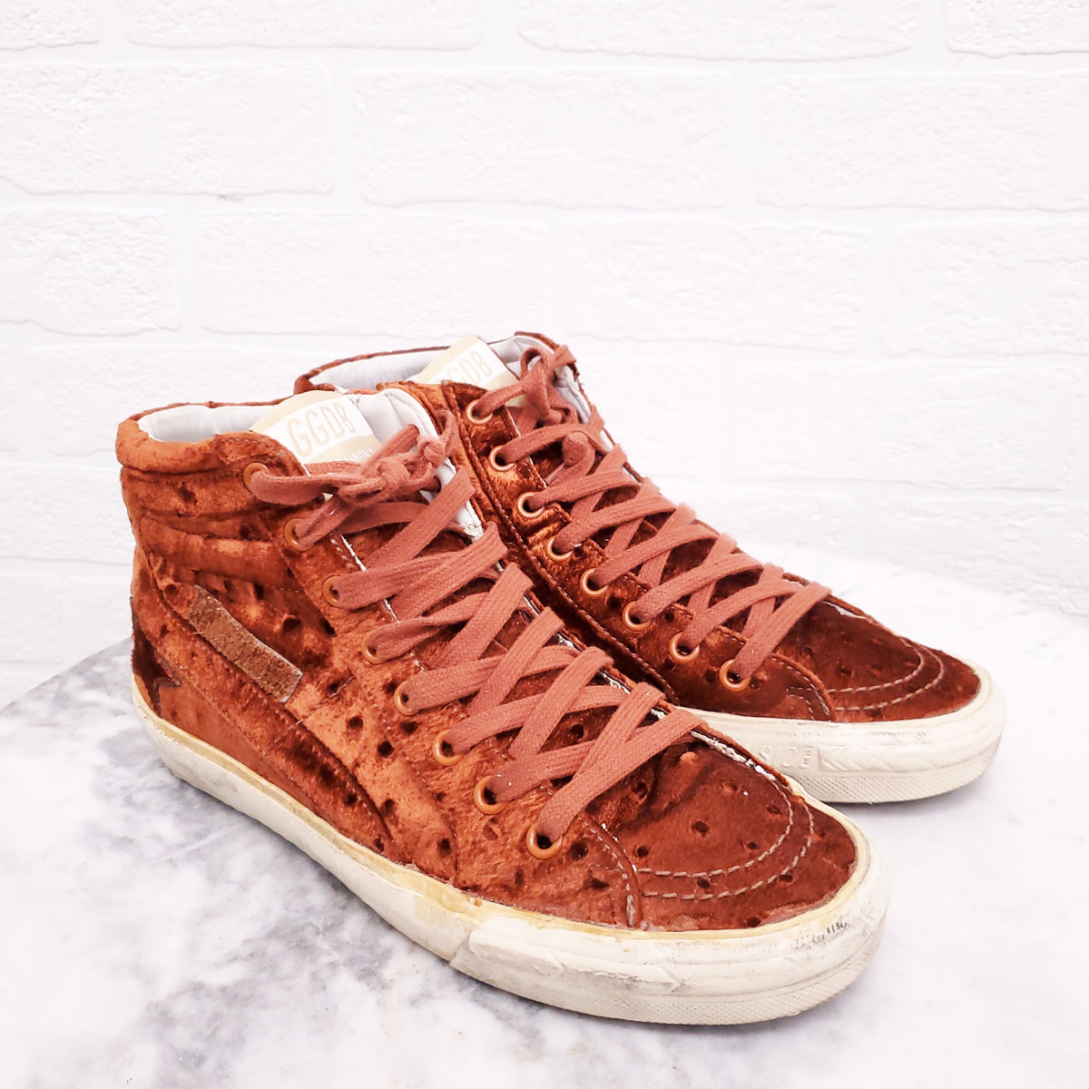 GOLDEN GOOSE BURNT ORANGE VELVET ‘SLIDE’ SNEAKERS - SIZE 37