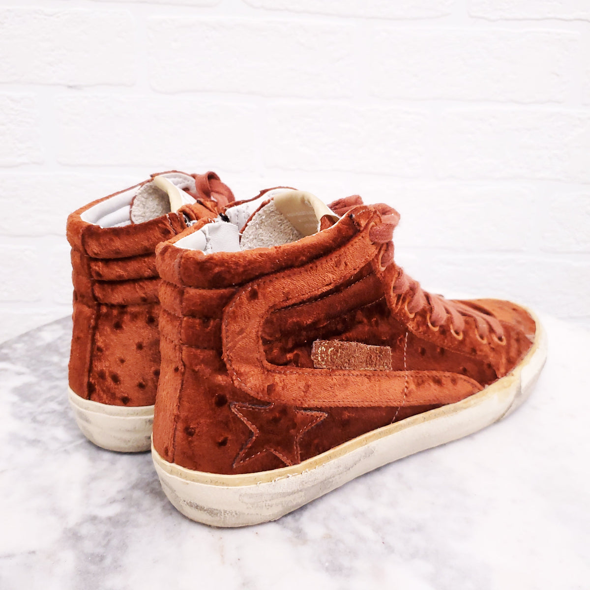 GOLDEN GOOSE BURNT ORANGE VELVET ‘SLIDE’ SNEAKERS - SIZE 37