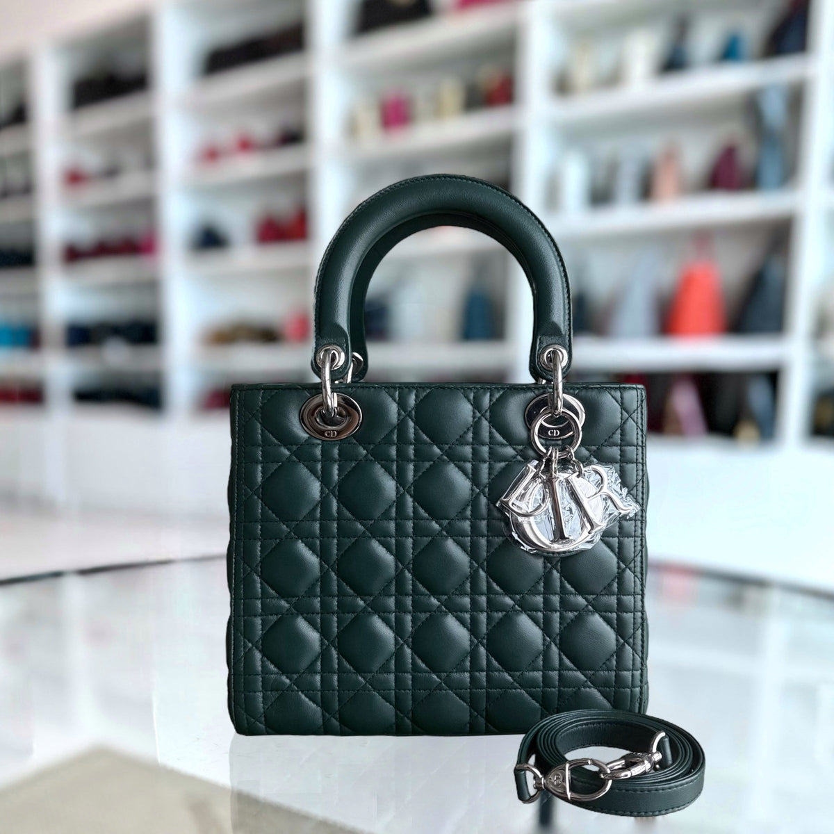 Dior Lady Medium - Cannage Lambskin Dark Green Silver Hardware
