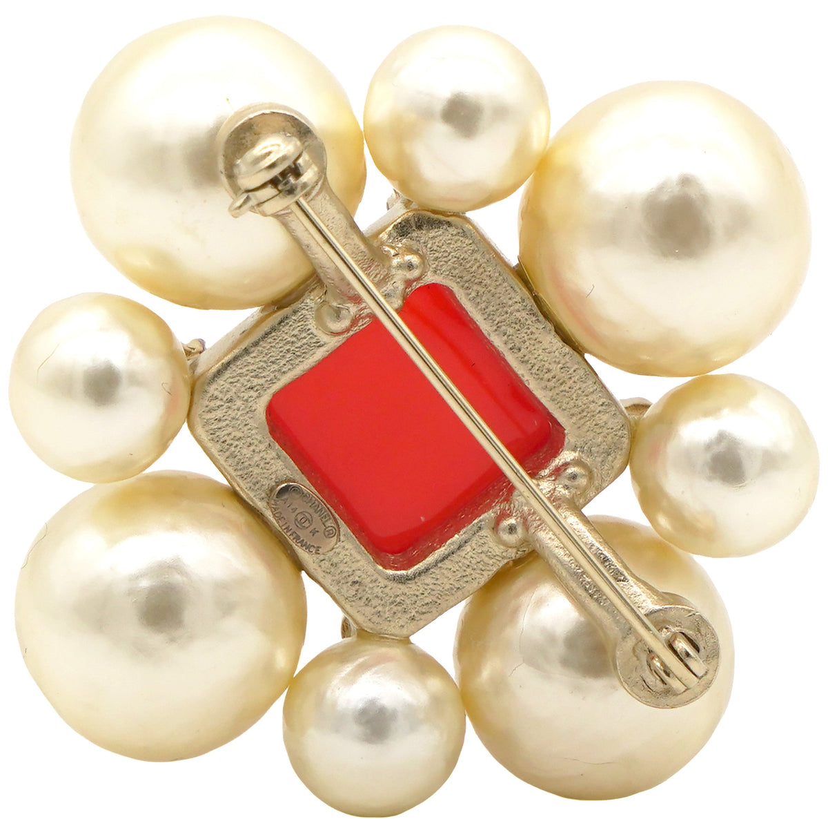 Chanel Pearl Crystal CC Brooch Orange Gold