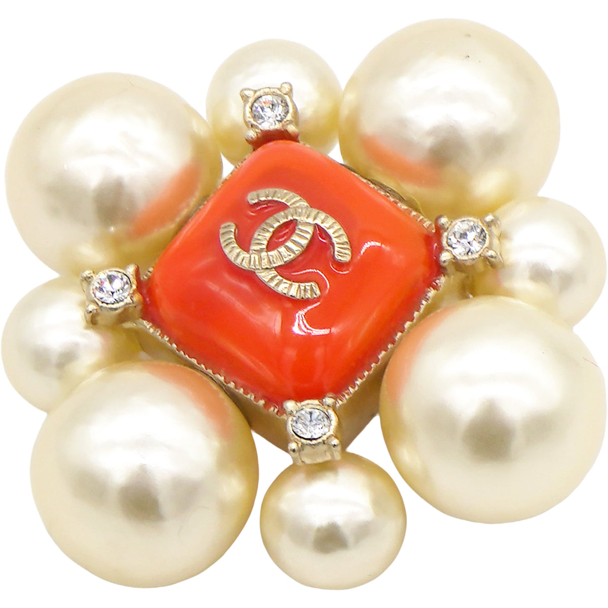 Chanel Pearl Crystal CC Brooch Orange Gold