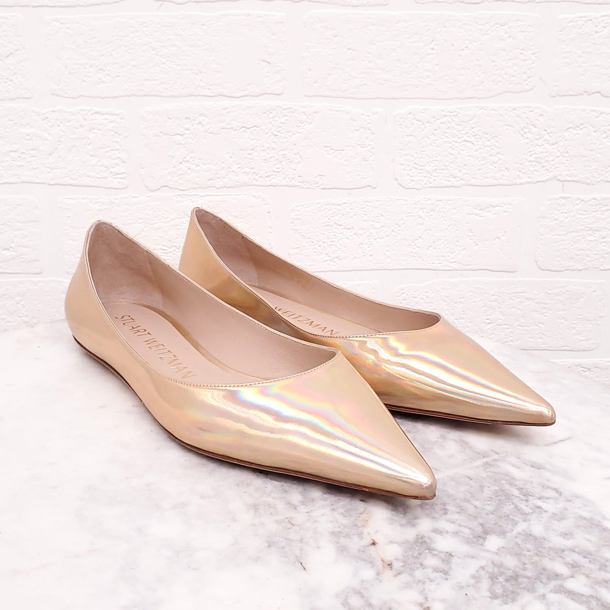 STUART WEITZMAN GOLD PATENT FLATS - SIZE 9.5