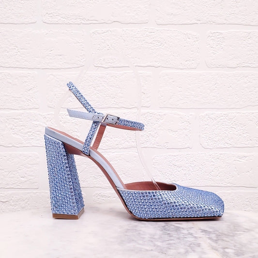 AMINA MUADDI BLUE CRYSTAL BLOCK HEELS - SIZE 41