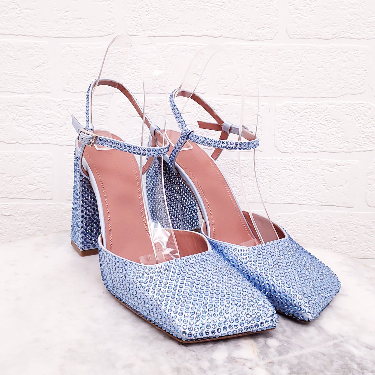 AMINA MUADDI BLUE CRYSTAL BLOCK HEELS - SIZE 41