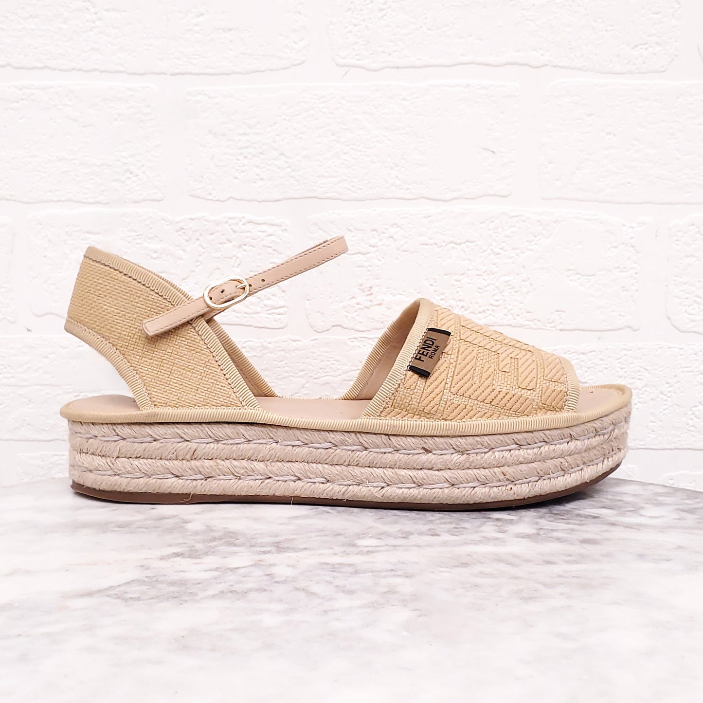 FENDI RAFFIA LOGO ESPADRILLE PLATFORM SANDALS - SIZE 38.5