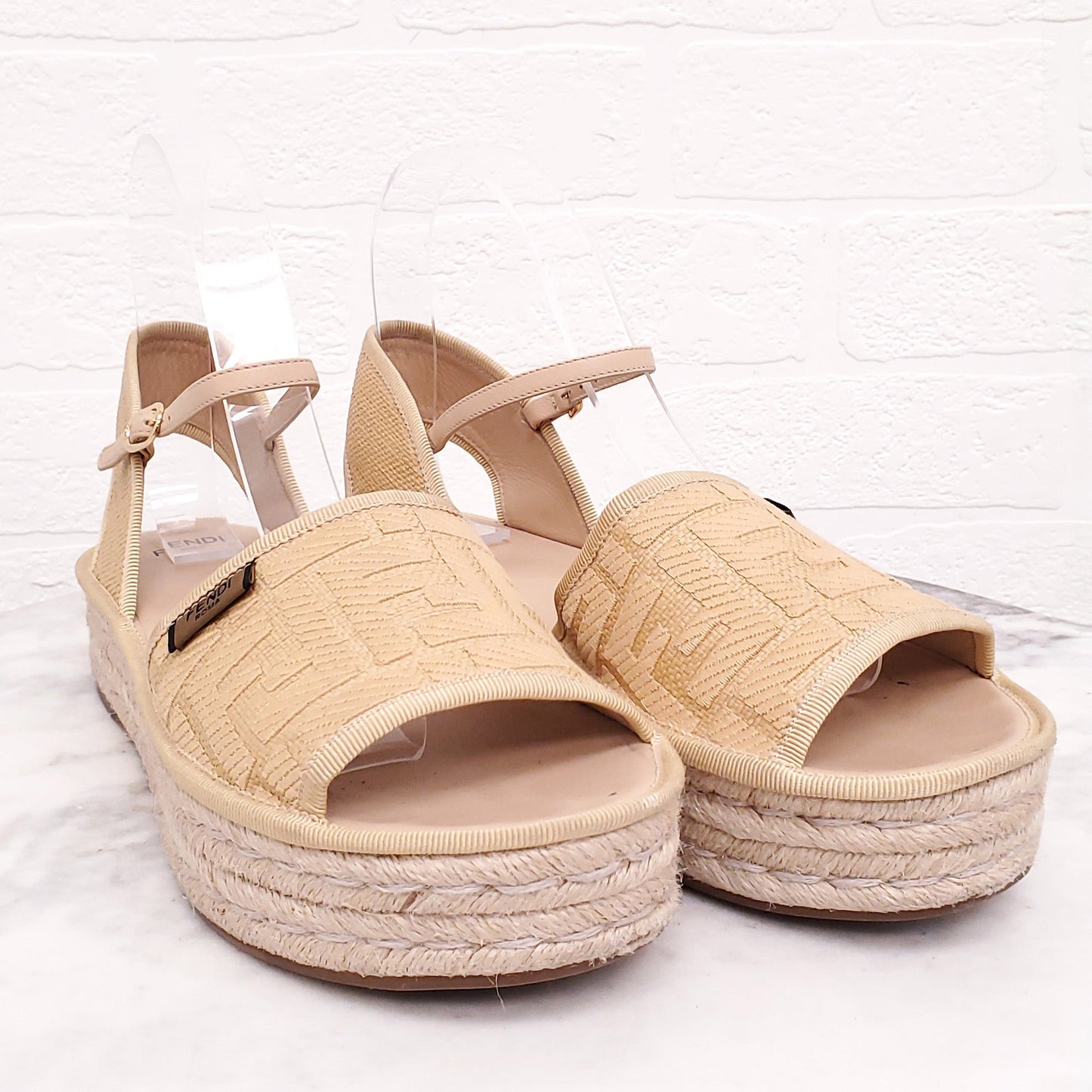 FENDI RAFFIA LOGO ESPADRILLE PLATFORM SANDALS - SIZE 38.5