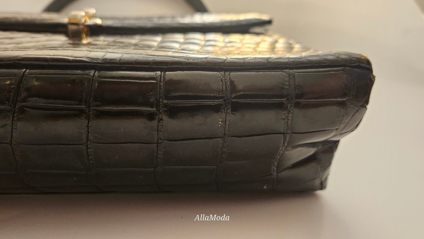 Gucci RARE 1960's black crocodile leather Kelly purse with Gucci link clasp