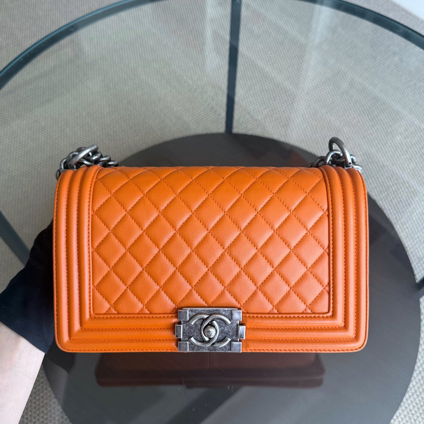 Chanel Boy Medium - 25CM Quilted Lambskin Orange Ruthenium Silver Hardware Series 20