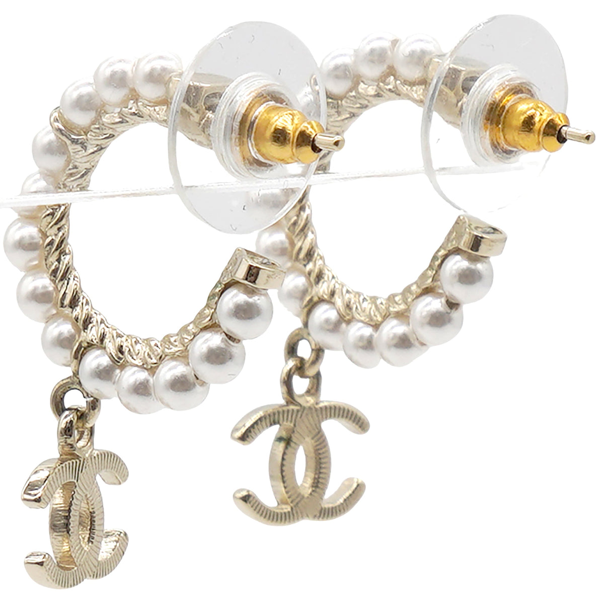 Chanel Pearl Charms CC Hoop Earrings