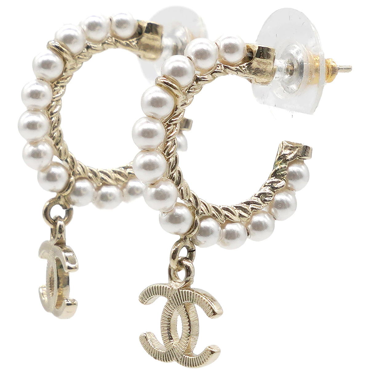 Chanel Pearl Charms CC Hoop Earrings