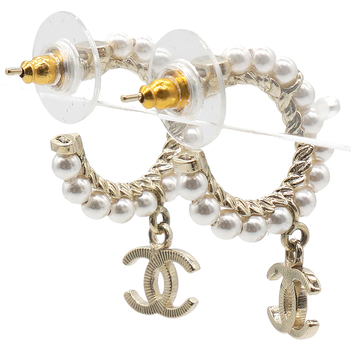 Chanel Pearl Charms CC Hoop Earrings