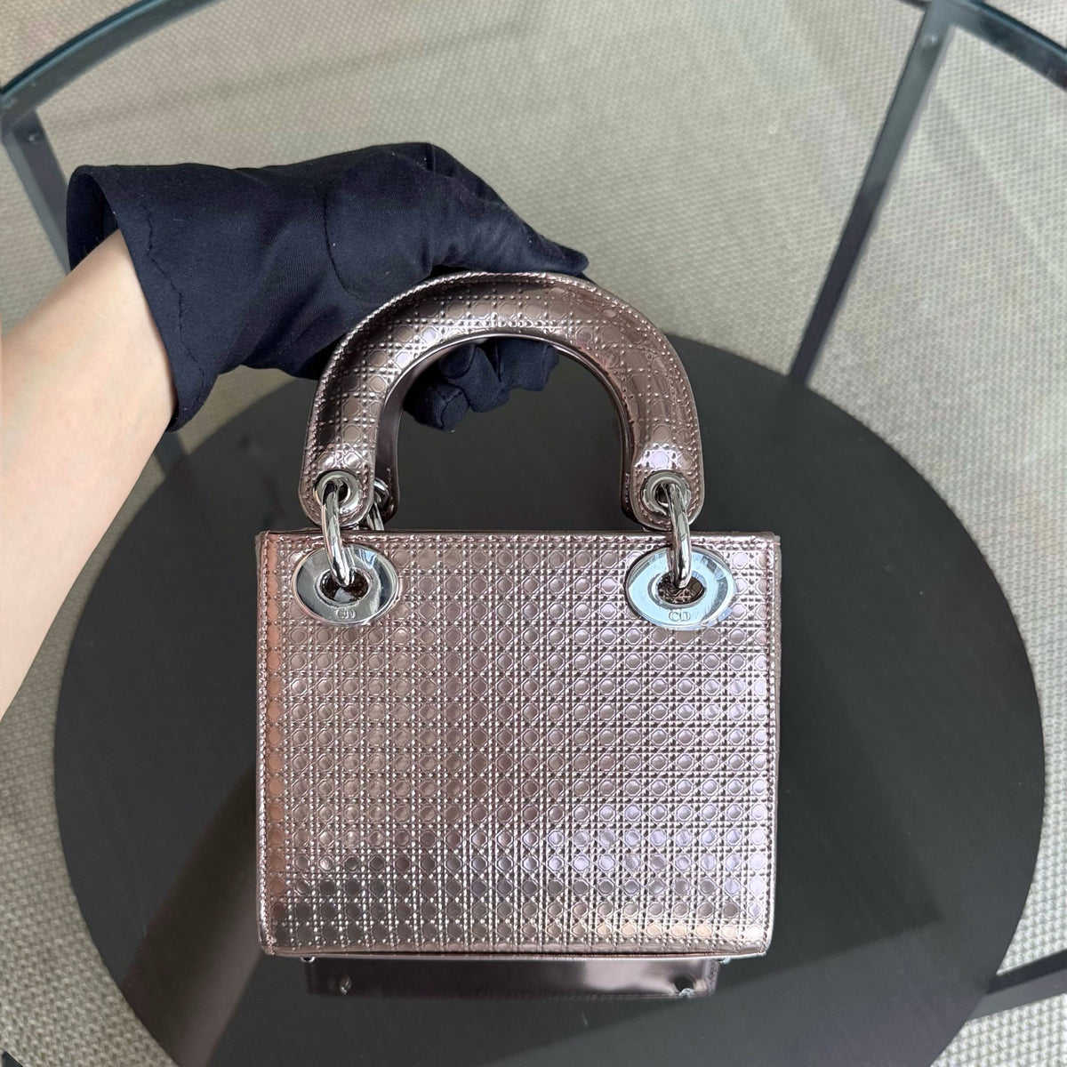 Dior Lady Mini - Calfskin Micro-Cannage Metallic Rose Gold Silver Hardware Chain Strap