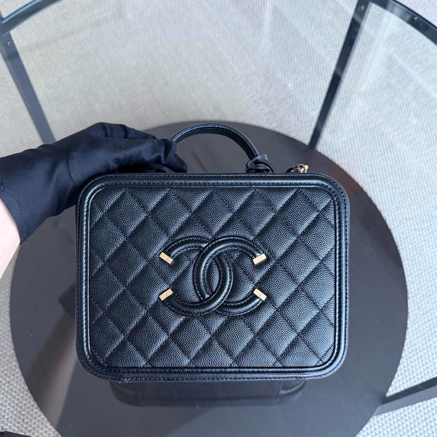 Chanel Filigree Vanity Case Medium - Caviar Quilted Grained Calfskin Black Gold Hardware Series 28