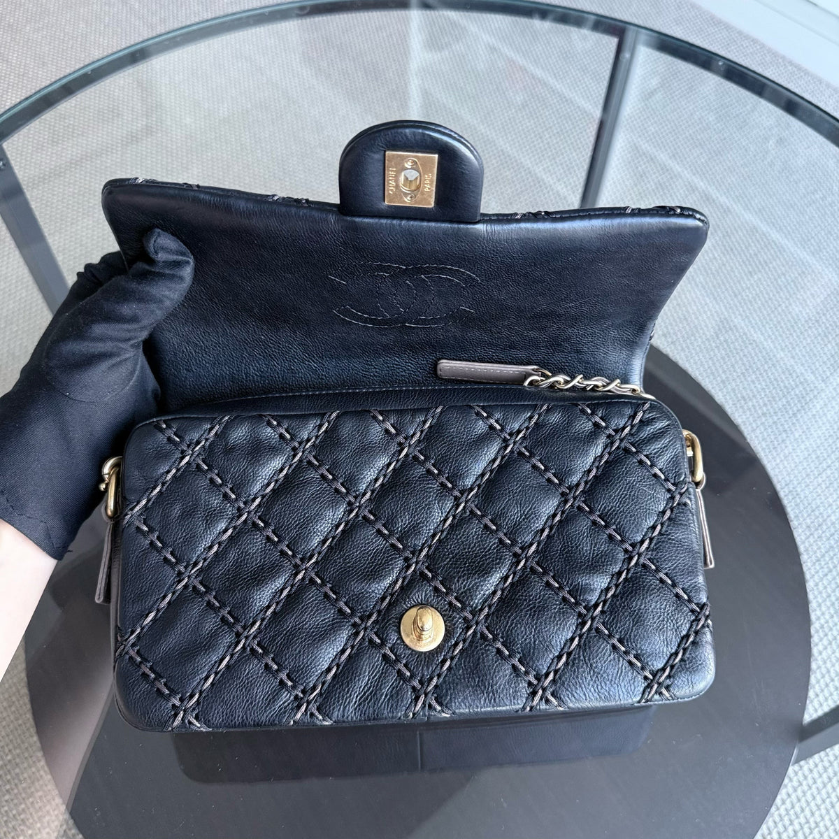 Chanel Seasonal Flap - Quilted Stitch Calfskin Zip Bag Black Gold Hardware Series 19