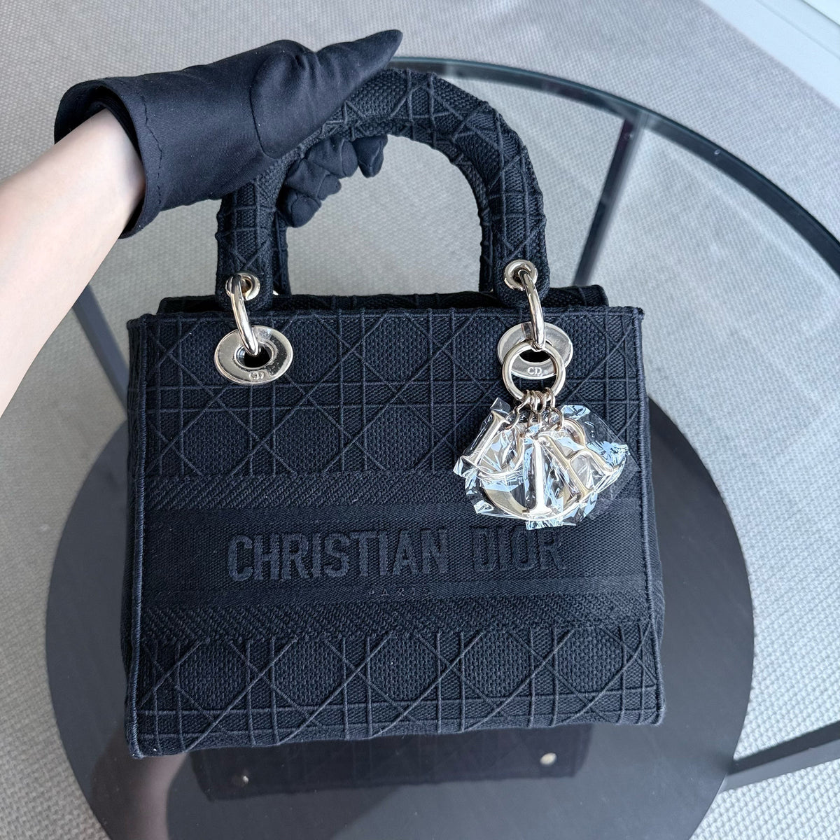 Dior Lady D-Lite Medium - Cannage Embroidered Canvas Black Gold Hardware