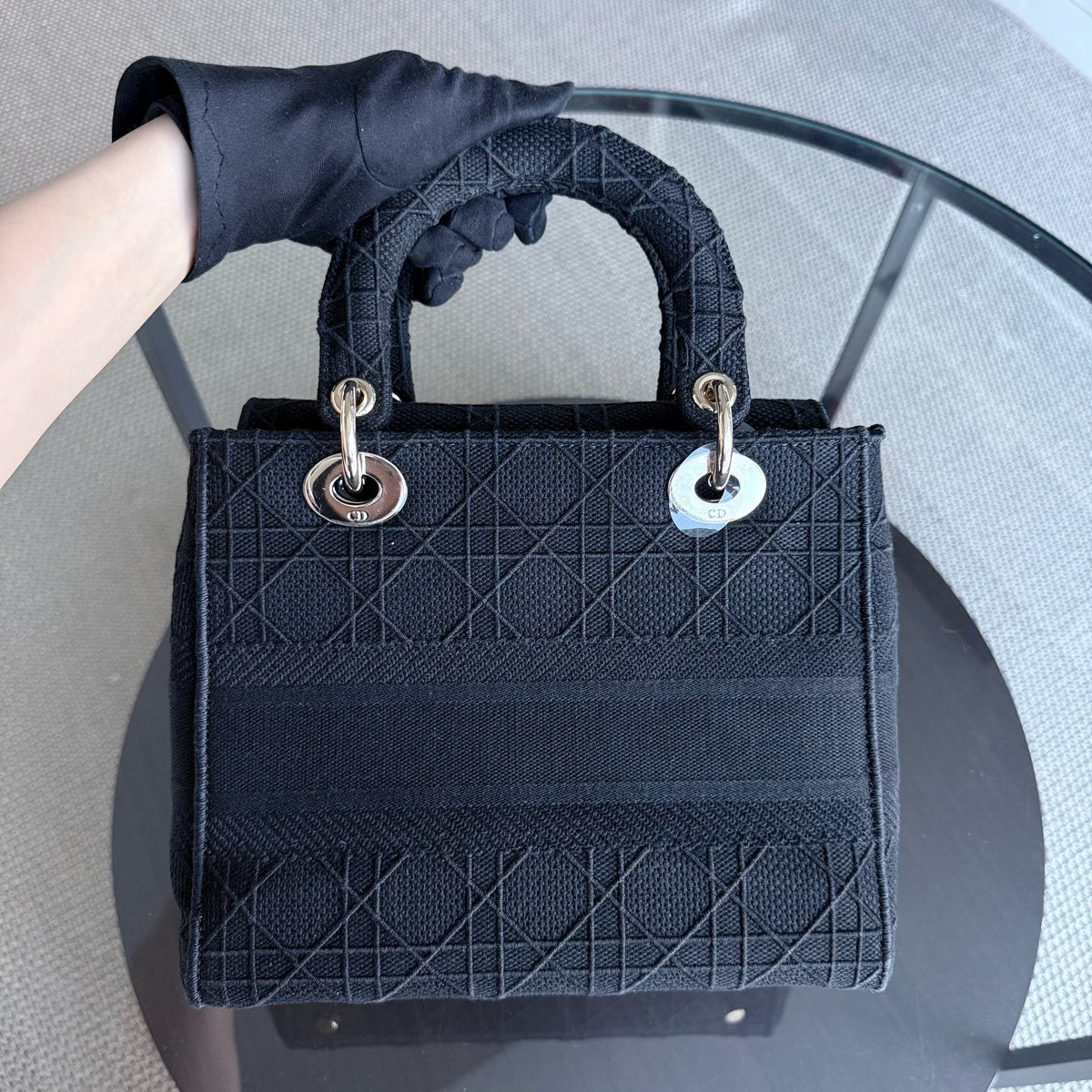 Dior Lady D-Lite Medium - Cannage Embroidered Canvas Black Gold Hardware