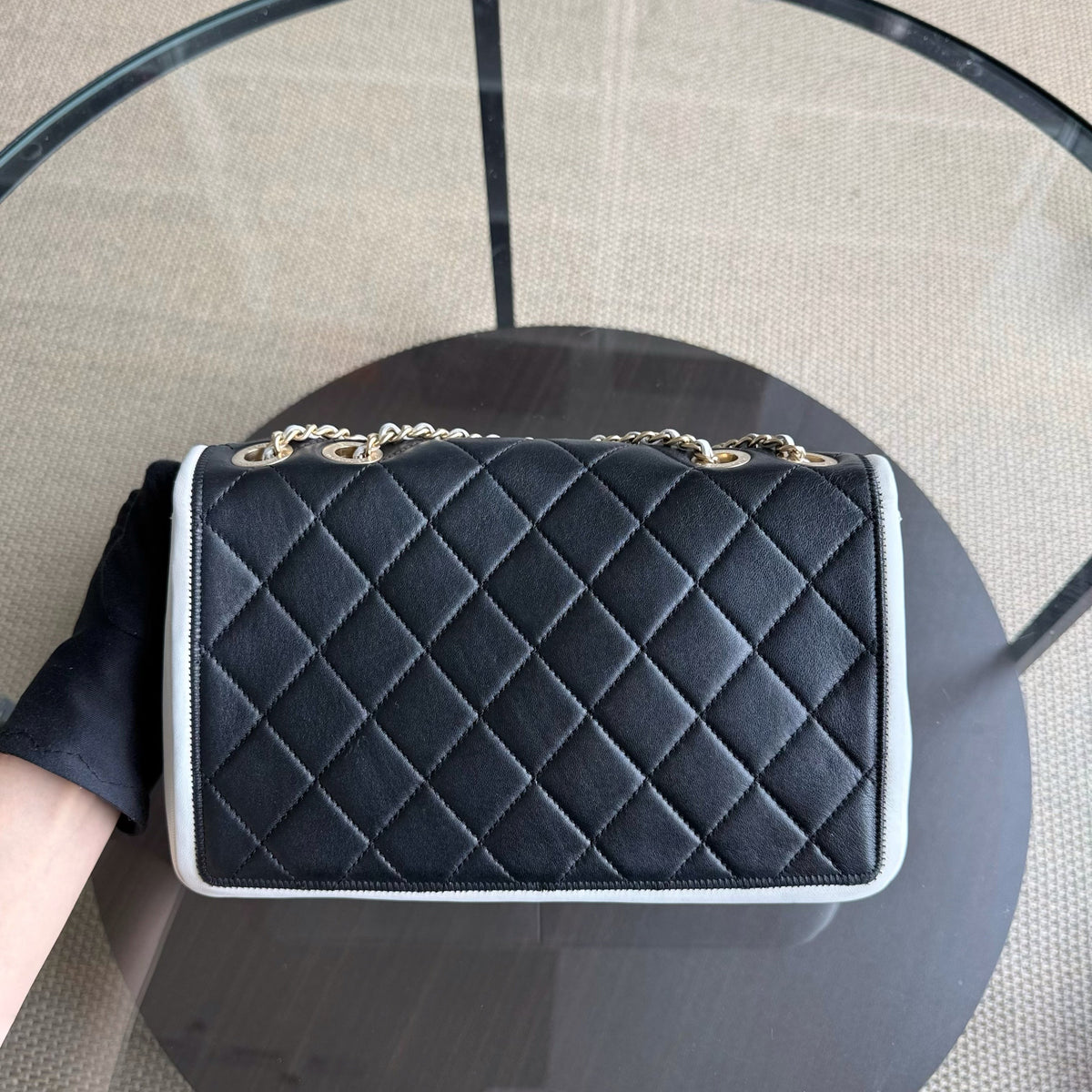 Chanel Seasonal Flap - Medium Graphic Quilted Lambskin Bi-Color Black Gold Hardware