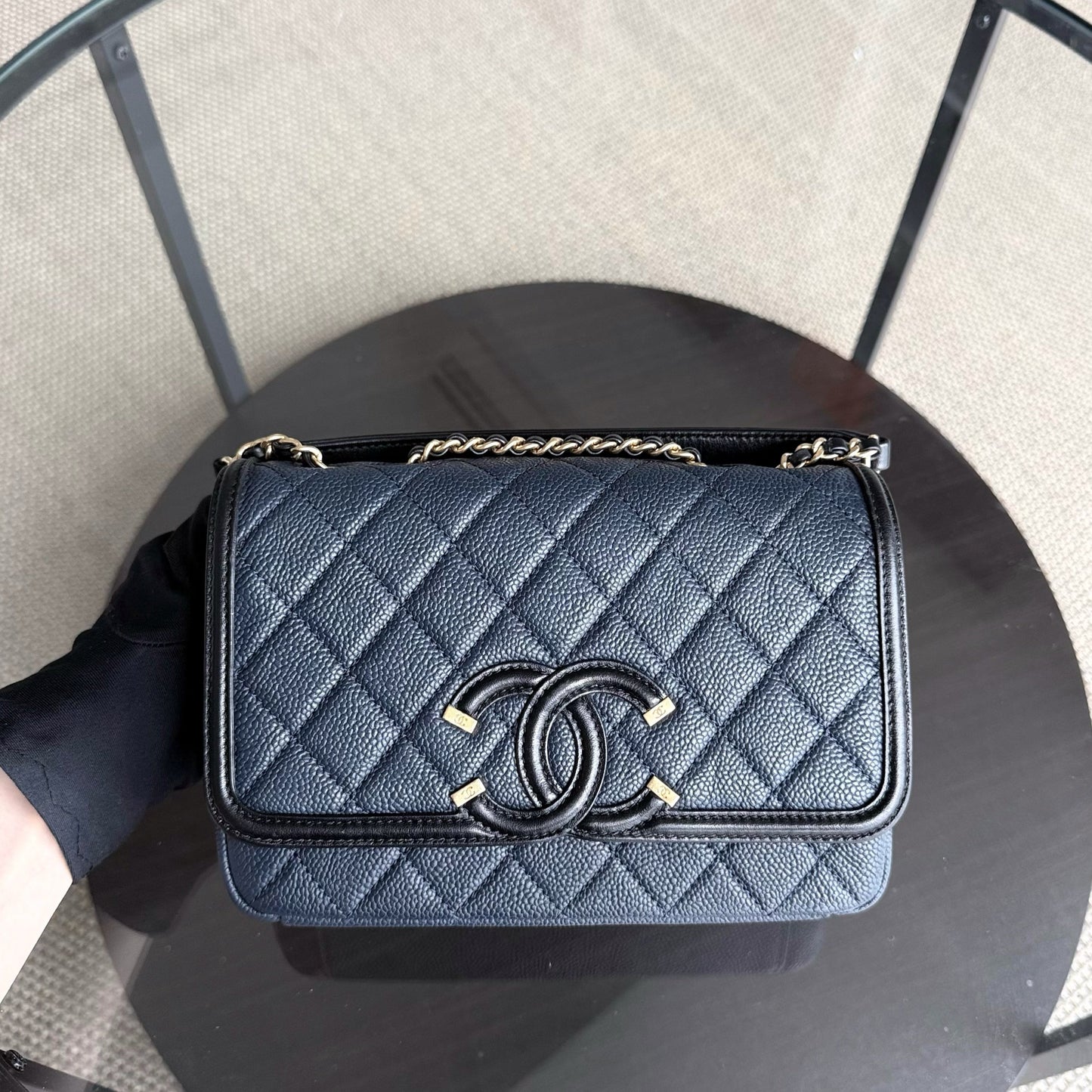 Chanel Filigree CC Small - Caviar Quilted Grained Calfskin Dark Navy Blue Black Gold Hardware Series 23