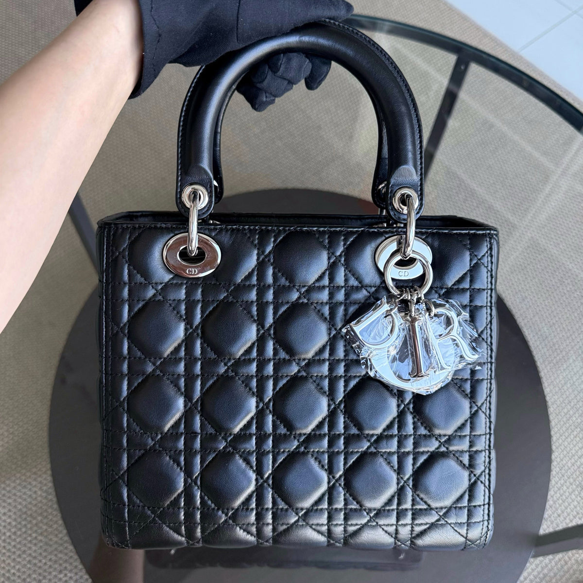 Dior Lady Medium - Cannage Lambskin Black Silver Hardware Adjustable Strap