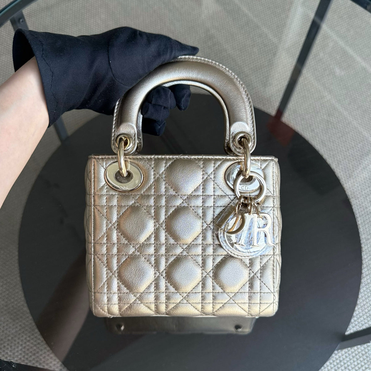Dior Lady Mini - Cannage Calfskin Metallic Gold Gold Hardware Chain Strap