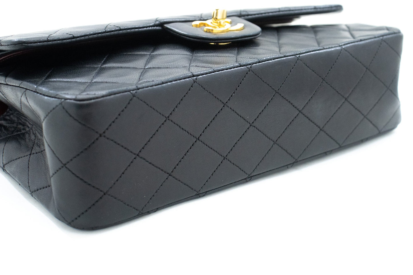 CHANEL Classic Double Flap 10" Chain Shoulder Bag Black Lambskin