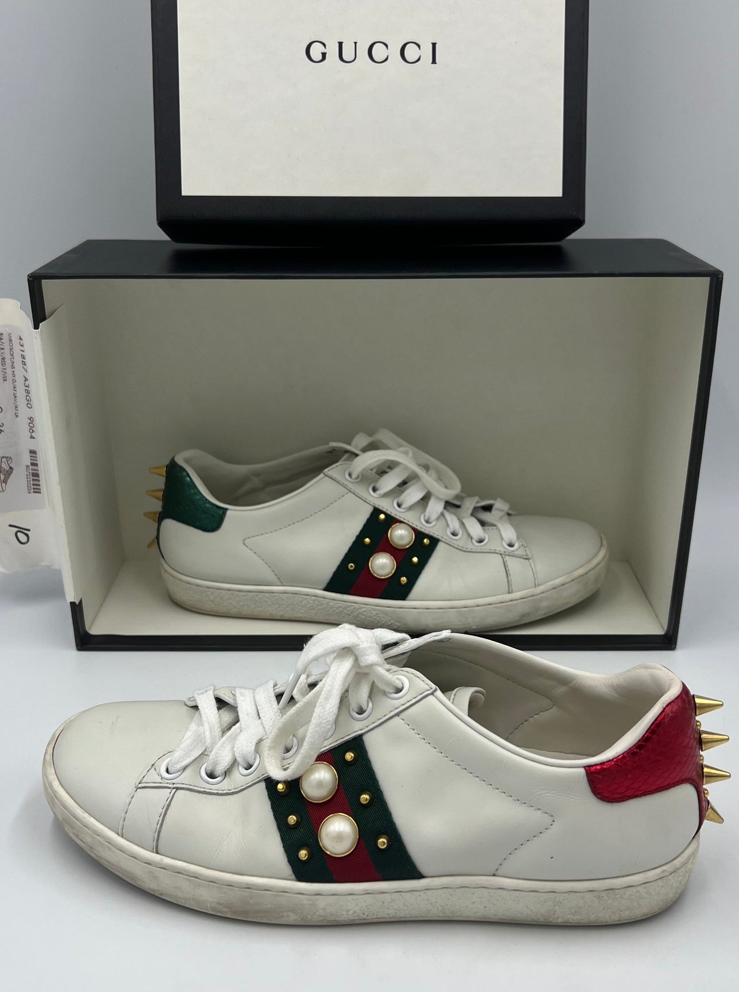 Gucci Ace White Leather & Studded Sneakers   Size: 6