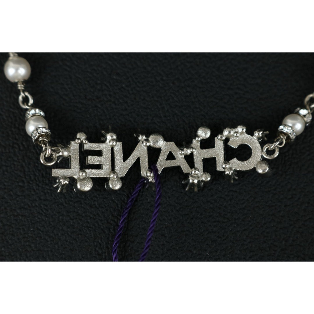 Excellent（Rank SA）｜ CHANEL Coco Mark Chain Pearl Rhinestone Chocker Necklace Silver｜F25032507