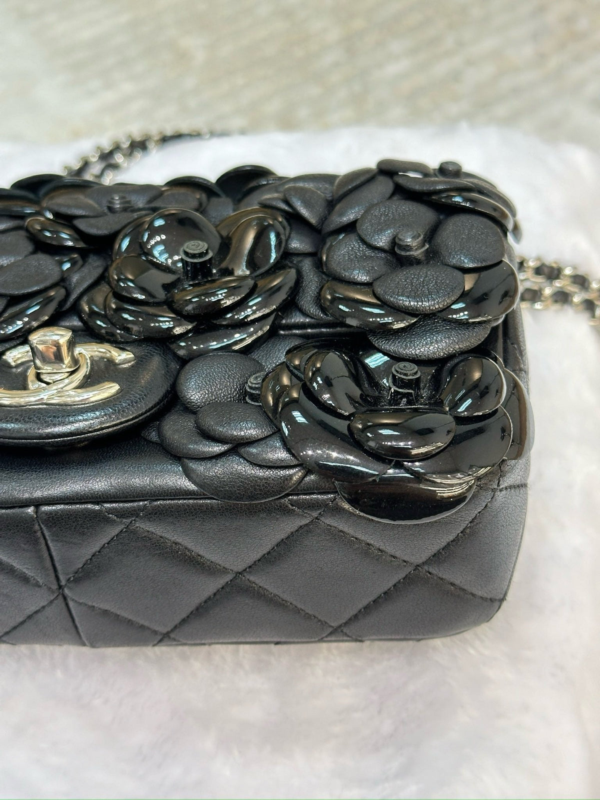 Chanel Mini Limited Edition Black Camellia  Lambskin Flap Bag
