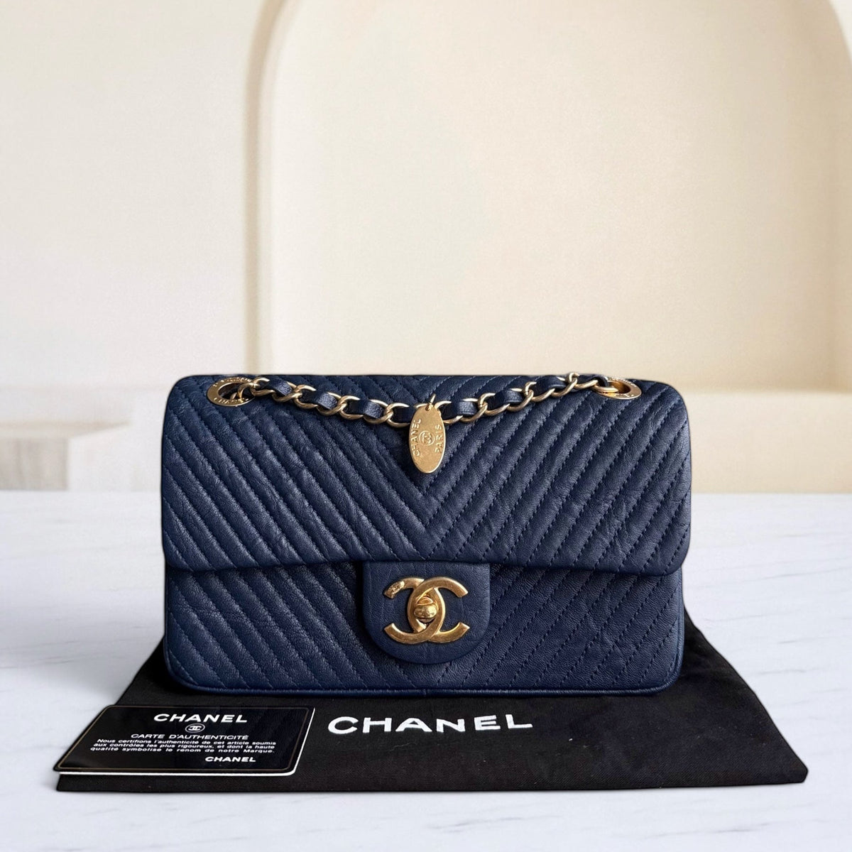 Chanel Seasonal Flap Small - 23CM Surpique CC Herringbone Medallion Flap Chevron Dark Navy Blue Gold Hardware Series 21
