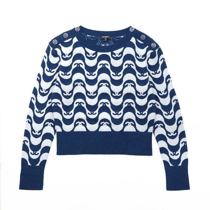 CHANEL sweater Cashmere 100% Blue white P70436 Virginie Viard period 40