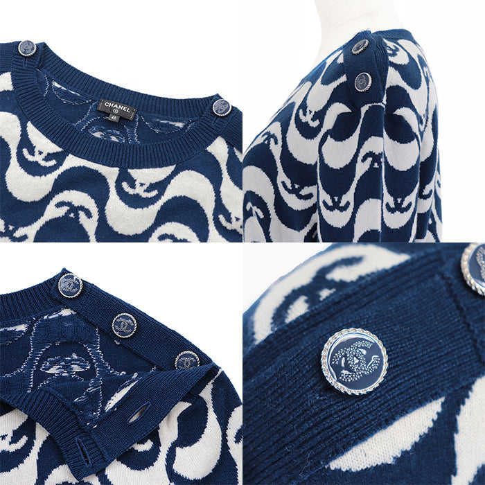 CHANEL sweater Cashmere 100% Blue white P70436 Virginie Viard period 40