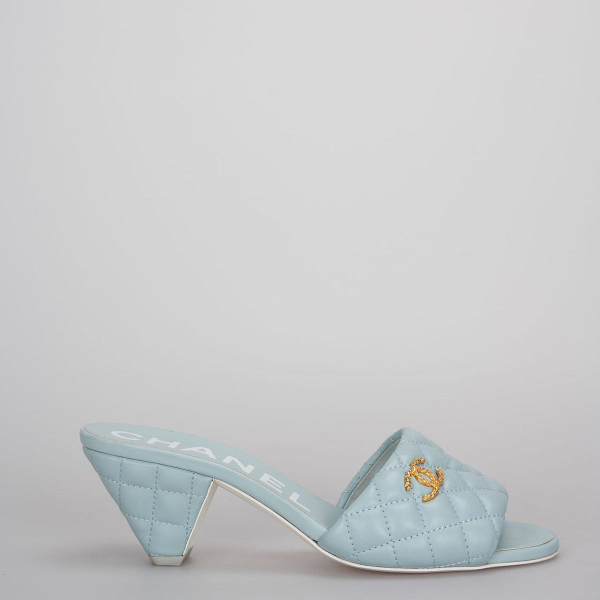 CHANEL Tiffany Blue Lambskin Quilted Textured CC Mules 38.5